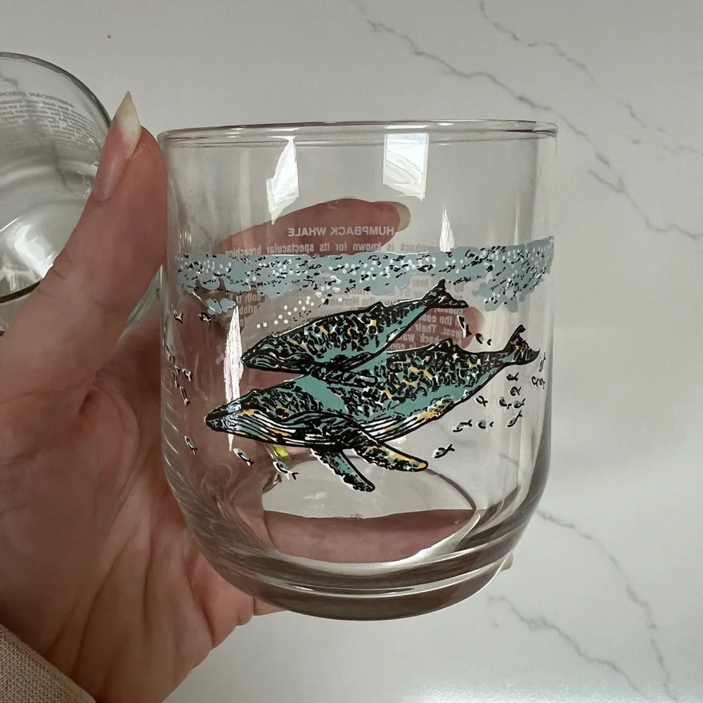 4 Vintage American Wildlife Glasses Sunoco Bison Humpback Whale Moose Libbey‎